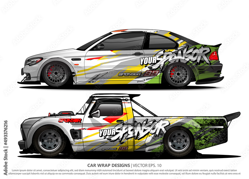 Race car wrap design vector for vehicle vinyl sticker and automotive decal livery
Race car wrap design vector for vehicle vinyl sticker and automotive decal livery