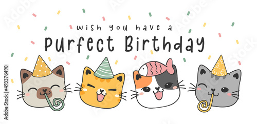Fototapete happy purfect birthday greeting card, cute four adorable happy kitty cat faces w