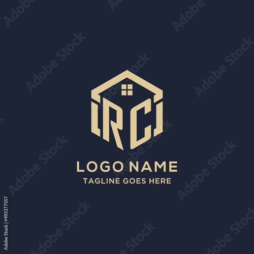 Initials RC logo with abstract home roof hexagon shape, simple and modern real estate logo design