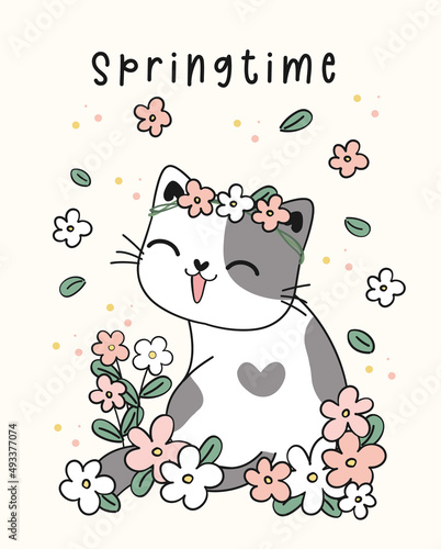 cute greeting card happy smile fat cat in flower garden Springtime, cartoon animal pet doodle drawing vector