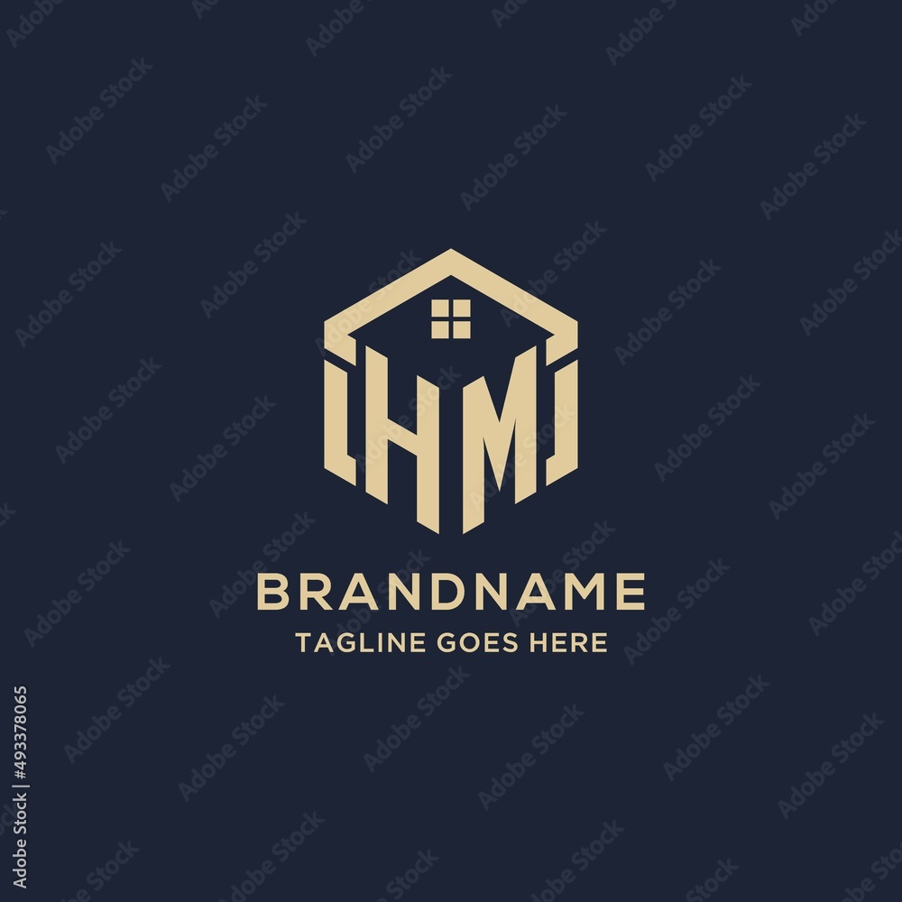 Initials HM logo with abstract home roof hexagon shape, simple and ...