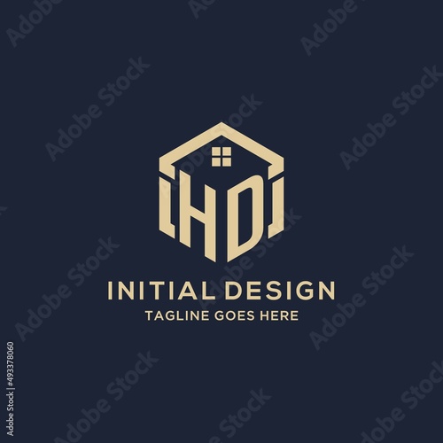 Initials HD logo with abstract home roof hexagon shape, simple and modern real estate logo design