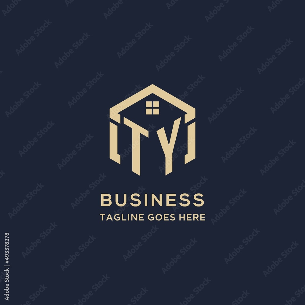 Initials TY logo with abstract home roof hexagon shape, simple and