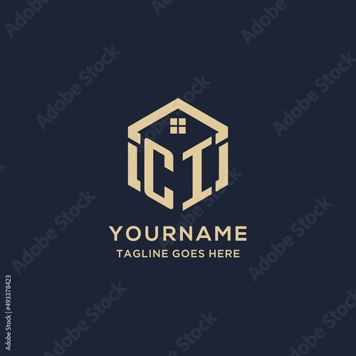 Initials CI logo with abstract home roof hexagon shape, simple and modern real estate logo design
