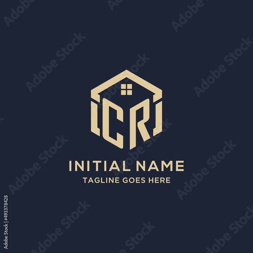 Initials CR logo with abstract home roof hexagon shape, simple and modern real estate logo design