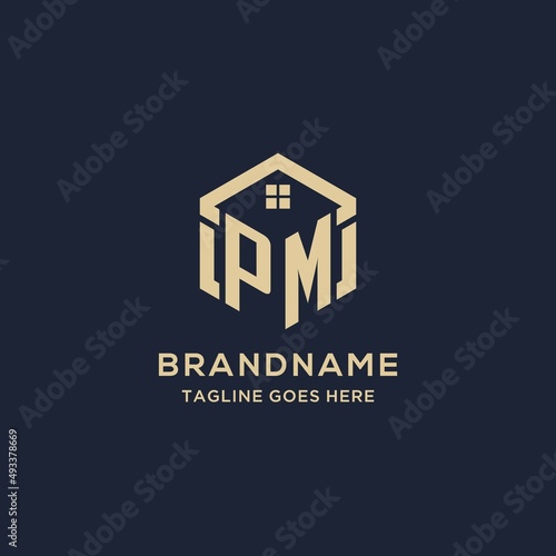 Initials PM logo with abstract home roof hexagon shape, simple and modern real estate logo design