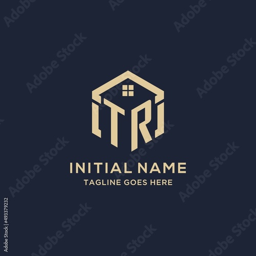 Initials TR logo with abstract home roof hexagon shape, simple and modern real estate logo design