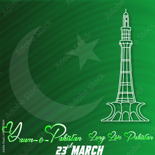 23 March Pakistan Resolution day Youm-e-Pakistan Social media post design along with Crescent moon star and Pakistan landmark Minare Pakistan