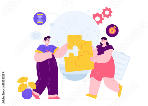 Solving Problem concept vector Illustration idea for landing page template, difficult work teamwork assemble, effective business solution strategy, successful performance.  Hand drawn Flat Style
