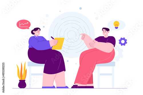 Solving Problem concept vector Illustration idea for landing page template, difficult work teamwork assemble, effective business solution strategy, successful performance.  Hand drawn Flat Style