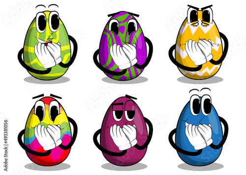 Easter Egg with hands over mouth. Cartoon character with funny face for the Easter holiday.