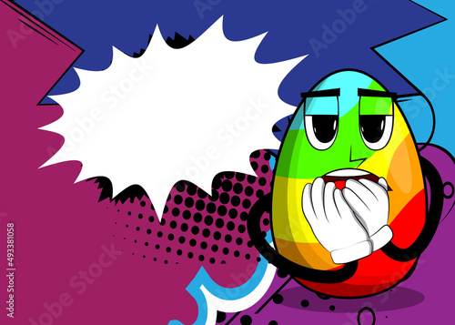 Easter Egg with hands over mouth. Cartoon character with funny face for the Easter holiday.