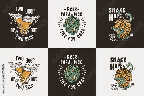 Beer set of beer mug with skeleton hand, snake and hop for brewery or alcohol craft bar