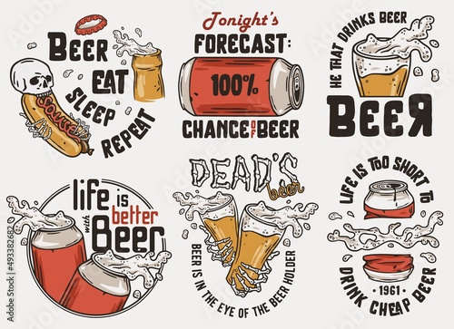 Beer set with can and cheer mug for brewing print. Vector brew design with skeleton and hot dog or beer fast food for bar