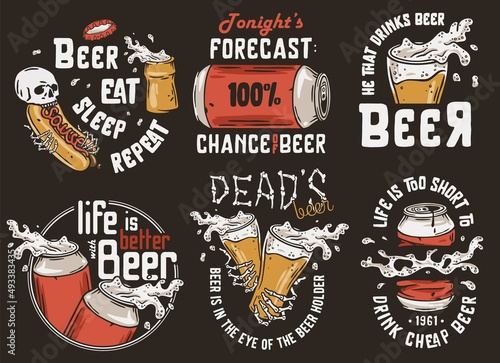 Beer set with can and cheer mug for brewing print. Vector brew design with skeleton and hot dog or beer fast food for bar