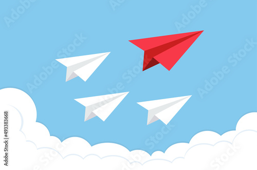 Airplane flying on sky background. Paper. Business concept of team leadership. Paper plane Changing, innovation and unique way. Vector illustration.