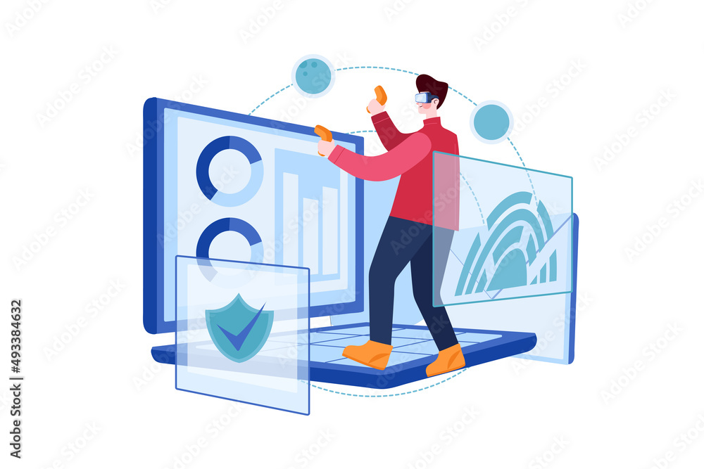 Man working on blockchain technology illustration concept. Flat illustration isolated on white background