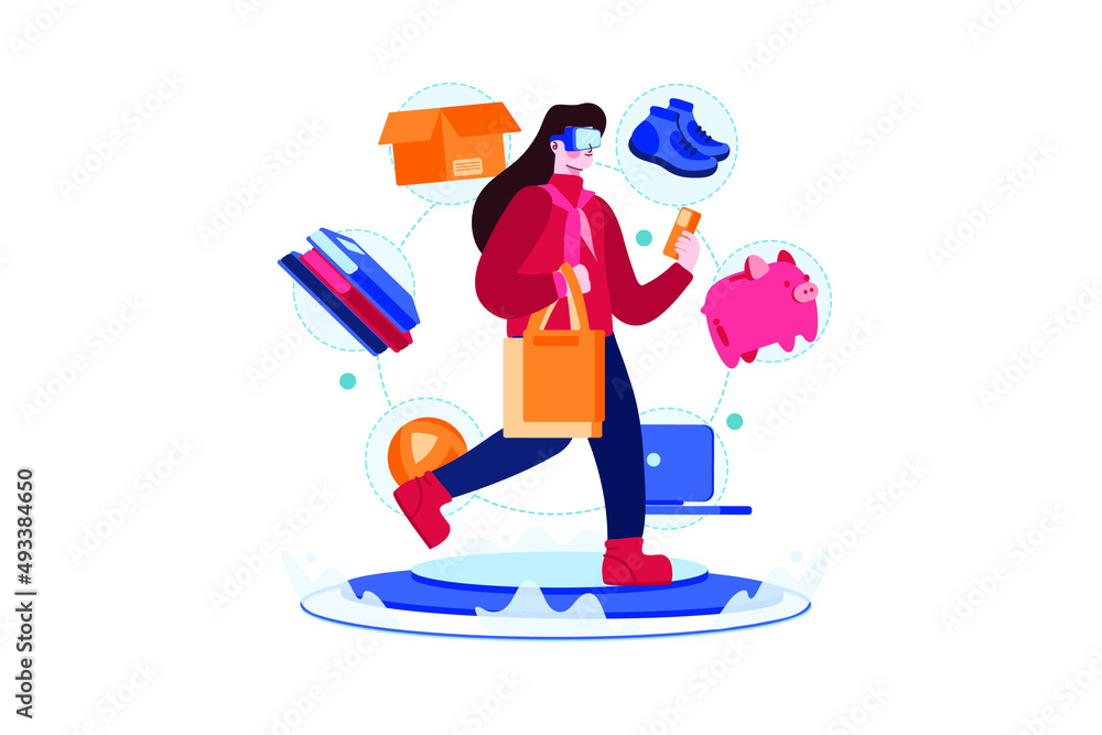 Girl doing shopping using VR Tech illustration concept. Flat illustration isolated on white background