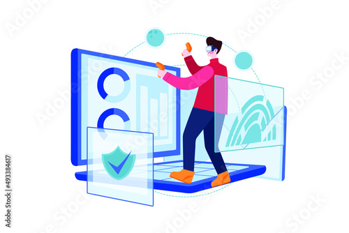 Man working on blockchain technology illustration concept. Flat illustration isolated on white background