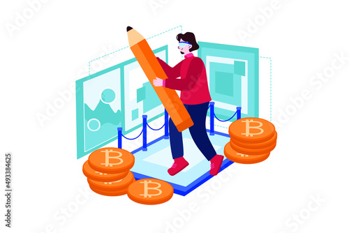 Girl working on Virtual NFT illustration concept. Flat illustration isolated on white background
