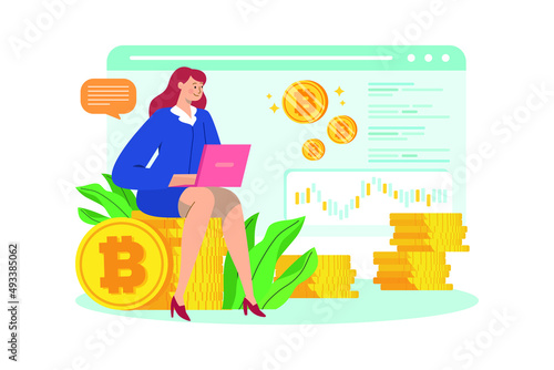 Businesswomen investing in Bitcoin illustration concept. Flat illustration isolated on white background
