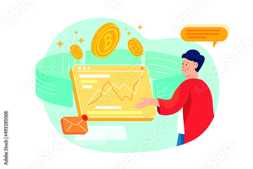 Cryptocurrency Traders checking Bitcoin report illustration concept. Flat illustration isolated on white background