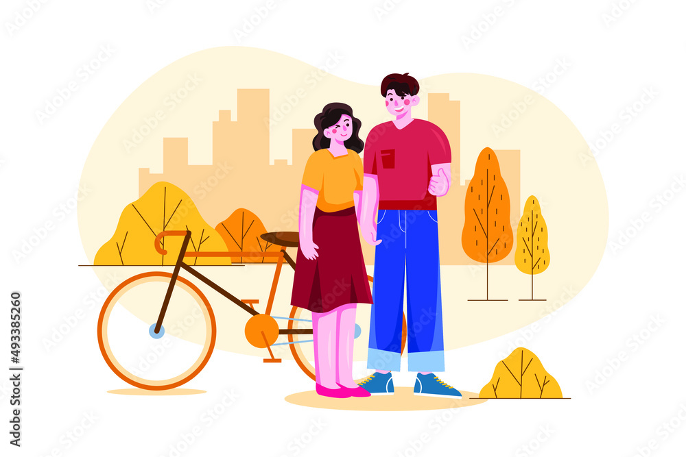Fototapeta premium Romantic Couple standing near cycle illustration concept. Flat illustration isolated on white background