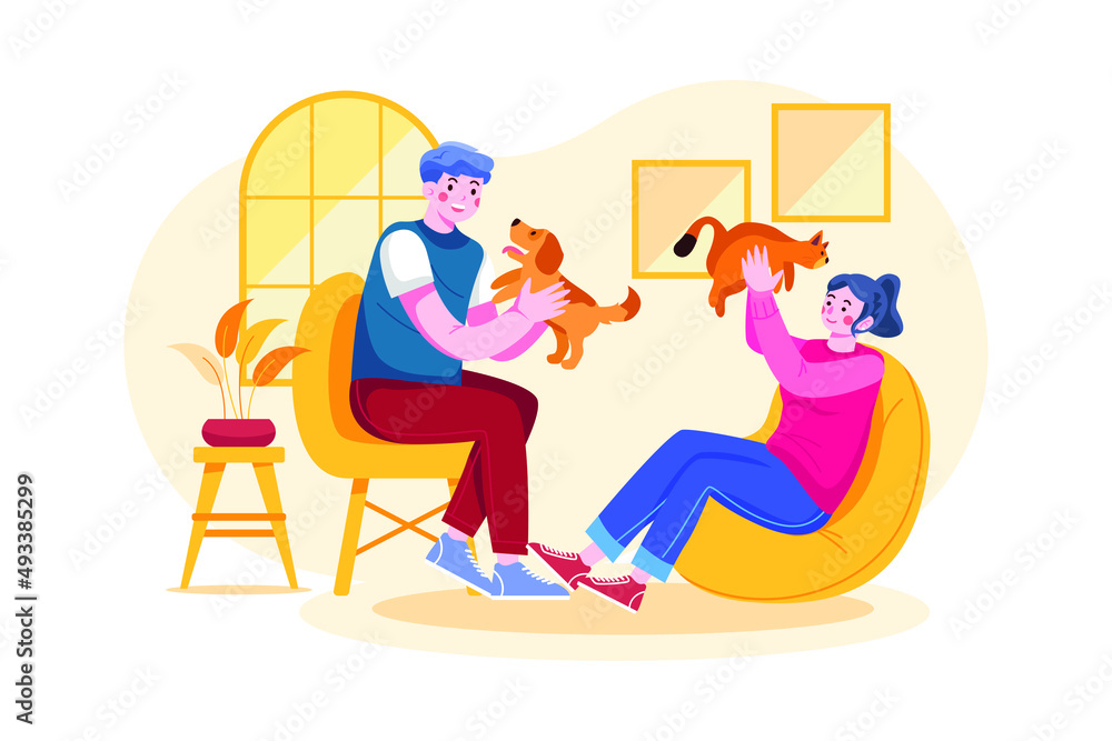 Couple in love with animal illustration concept. Flat illustration isolated on white background