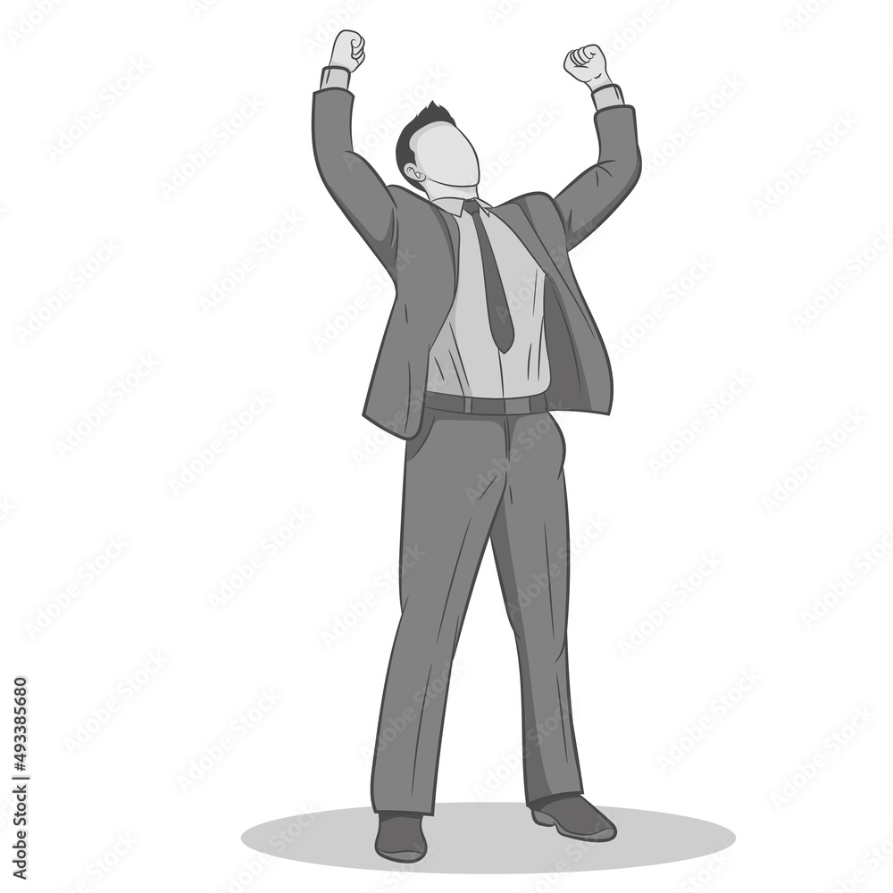 Businessman standing and raising hands or arms. Successful guy. Businessman concept, he is won a competition