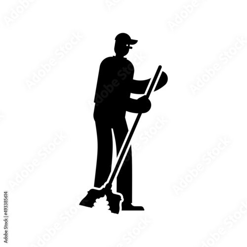 Cleaner with broom cleans shit icon. janitor Vector illustration