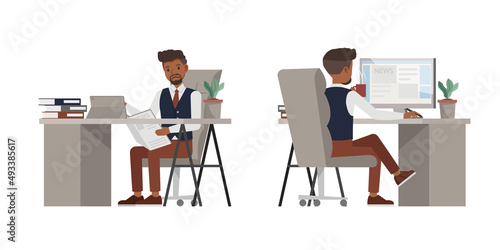 Set of businessman wear blue suit character vector design. Presentation in various action. People working in office planning, thinking and economic analysis. Business news concept.