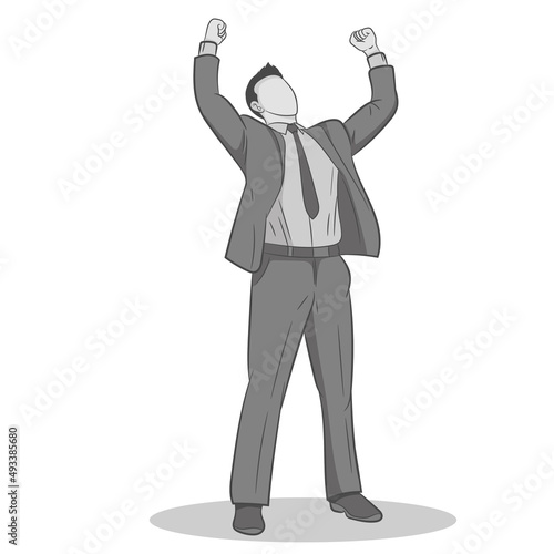 Businessman standing and raising hands or arms. Successful guy. Businessman concept, he is won a competition