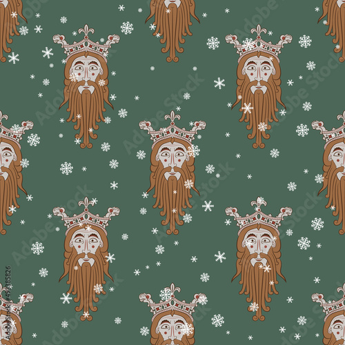 Seamless vintage pattern with heads of bearded men in royal crowns and snowflakes. Norse god Woden or Odin. On green background. Seasonal winter design.