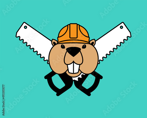 Beaver in helmets in saws. logo for logging company