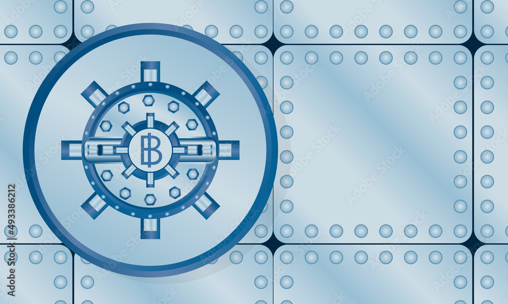 The metallic bank vault door on blue wall background.vault door Flat style business concept. save money and Financial bitcoin or crash cryptocurrency blockchain concept. vector, illustration The metallic bank vault door on blue wall background.vault door Flat style business concept. save money and Financial bitcoin or crash cryptocurrency blockchain concept. vector, illustration