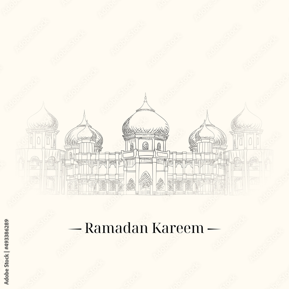 Vintage style Mosque sketch with Ramadan kareem Text. vector illustration.