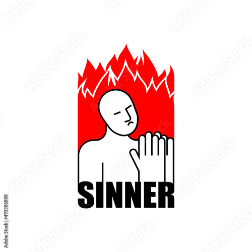 Sinner icon. Sinner in fire to repent. Man prays in fiery hyena. Man in Hellfire sign