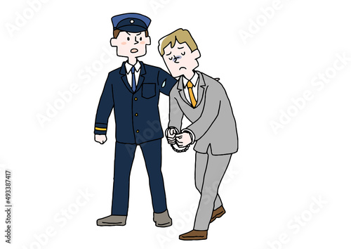 警察に連行されていく男性　コミカルな手書きの人物　ベクター、線画にシンプルな色つけ　