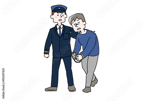 警察に連行されていく男性　コミカルな手書きの人物　ベクター、線画にシンプルな色つけ　