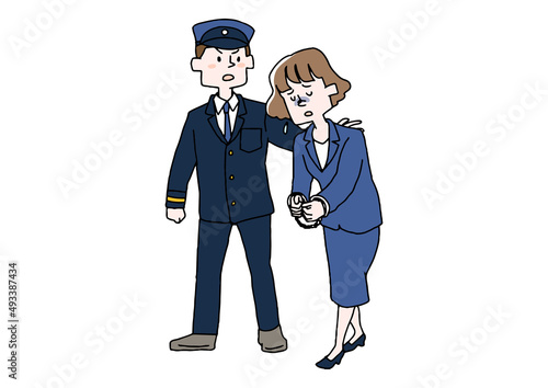 警察に連行されていく女性　コミカルな手書きの人物　ベクター、線画にシンプルな色つけ　