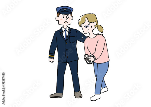 警察に連行されていく女性　コミカルな手書きの人物　ベクター、線画にシンプルな色つけ　