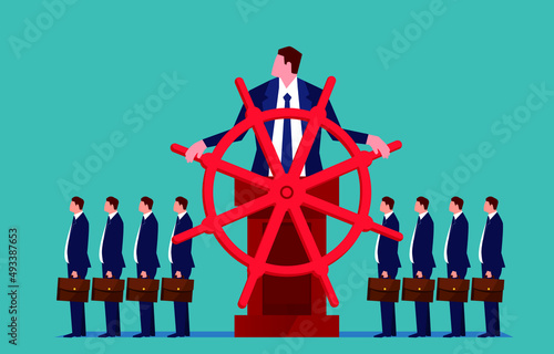 Leader at the helm leading a group of businessmen