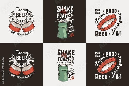 Brewery set with bottle and can for beer print. Vector bottle cap for alcohol craft bar