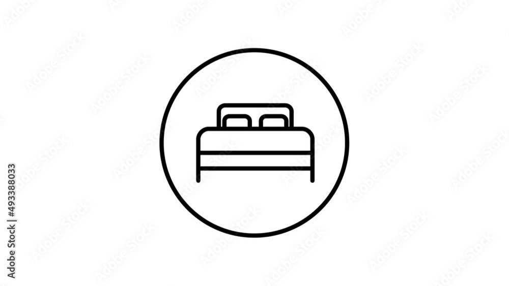 Bed line icon inside circle, bedding black outline, line icons, black and white. Bed line icon inside circle, bedding black outline, line icons, black and white.