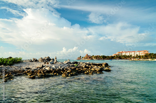 Mayan riviera, Mexico, Caribbean sea. Beach, coral reefs, rocky coast. Rest and relaxation in the Caribbean. Beautiful background, landscape of the Caribbean. Puerto Aventuras