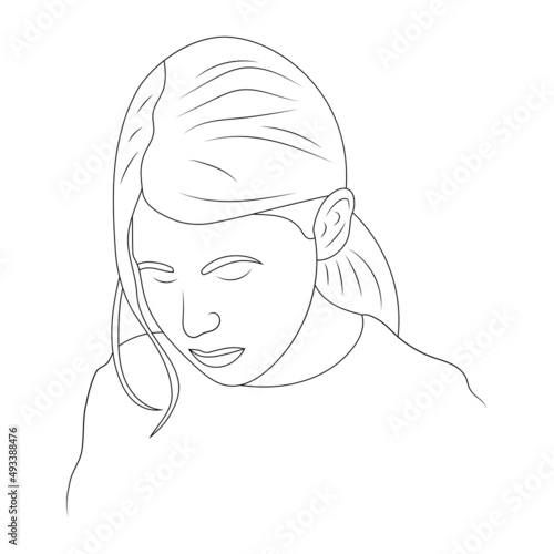 Sad girl looking down vector sketch illustration.