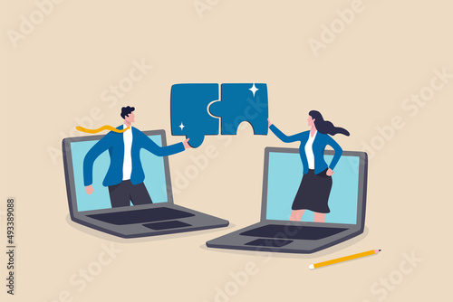 Remote work collaboration or partnership, work from home or distant to get business solution together, online conference meeting concept, businessman and woman coworker solve jigsaw puzzle together.