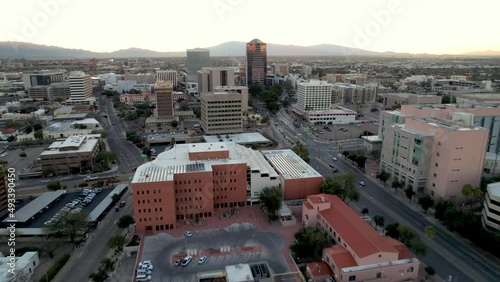 Aerial push in to Tucson Arizona Skyline at Sunrise photo