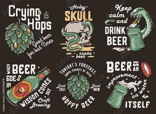 Beer set of bottle and skull with snake and hop for brewery. Brew design with vector hop and bottle cap for alcohol craft bar