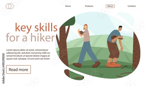 Hikers collect dry branches for a fire vector illustration. Key skills for a hiker and teamwork in the wild concept for poster, banner, website, commercial